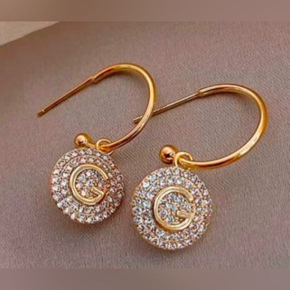 Gold Crystal Initial Earrings - Picture 2 of 5